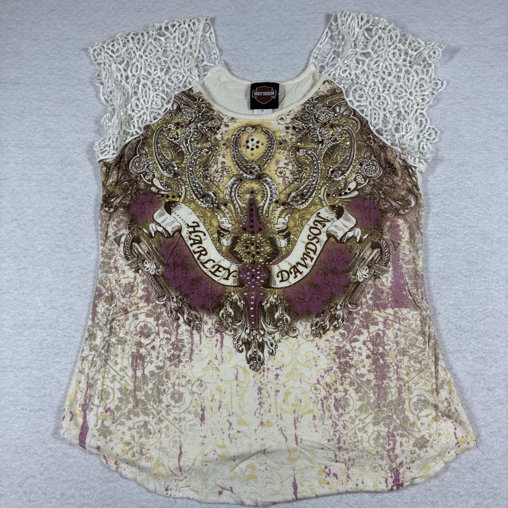 Harley Davidson Womens Medium Graphic Crochet Shoulder Shirt Rhinestones Cream